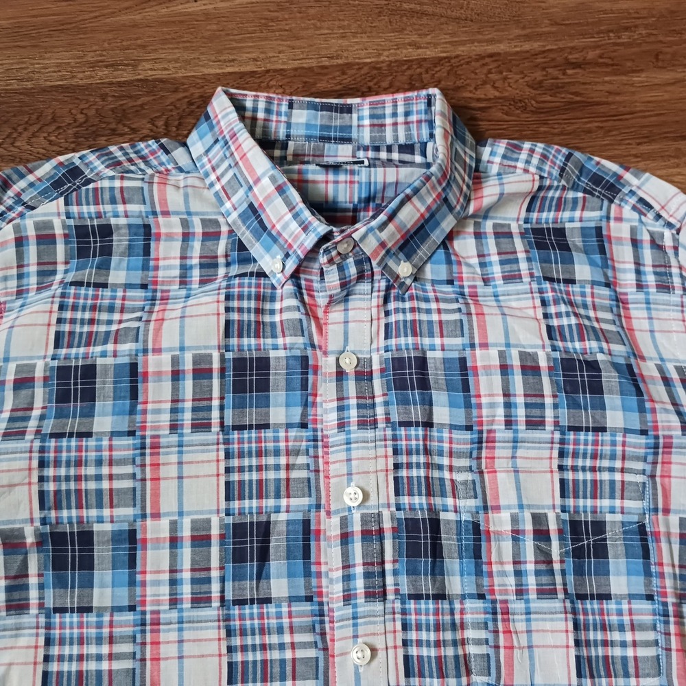 Club Room Mens XXL Blue Red Plaid Patchwork Button Down Shirt Cotton Long Sleeve